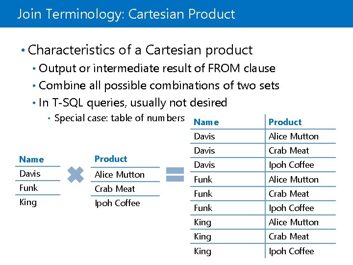 Join Terminology: Cartesian Product • Characteristics of a Cartesian product Output or intermediate result Join Terminology: Cartesian Product • Characteristics of a Cartesian product Output or intermediate result