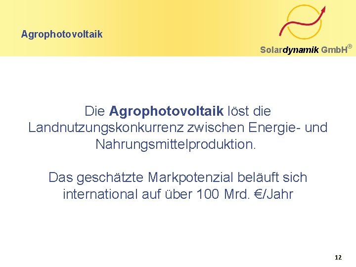 Agrophotovoltaik Solardynamik Gmb. H Die Agrophotovoltaik löst die Landnutzungskonkurrenz zwischen Energie- und Nahrungsmittelproduktion. Das