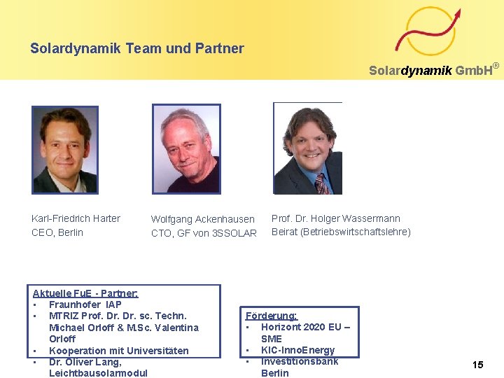 Solardynamik Team und Partner Solardynamik Gmb. H Karl-Friedrich Harter CEO, Berlin Wolfgang Ackenhausen CTO,