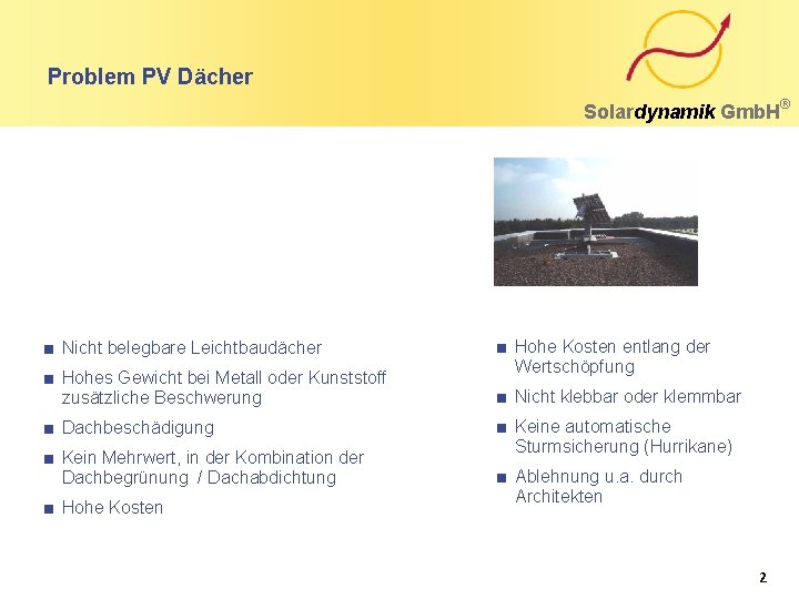 Problem PV Dächer Solardynamik Gmb. H Nicht belegbare Leichtbaudächer Hohes Gewicht bei Metall oder