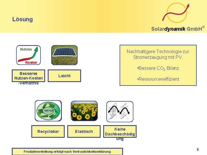 Lösung Solardynamik Gmb. H Nutzen Nachhaltigere Technologie zur Stromerzeugung mit PV. Kosten • Bessere