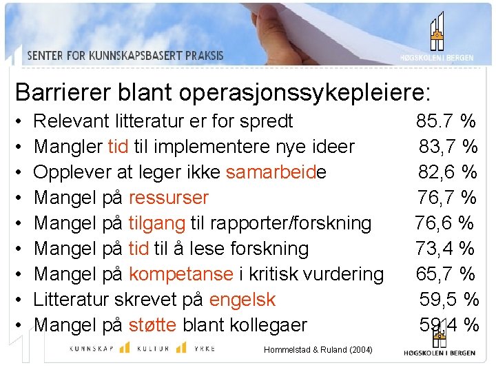 Barrierer blant operasjonssykepleiere: • • • Relevant litteratur er for spredt Mangler tid til