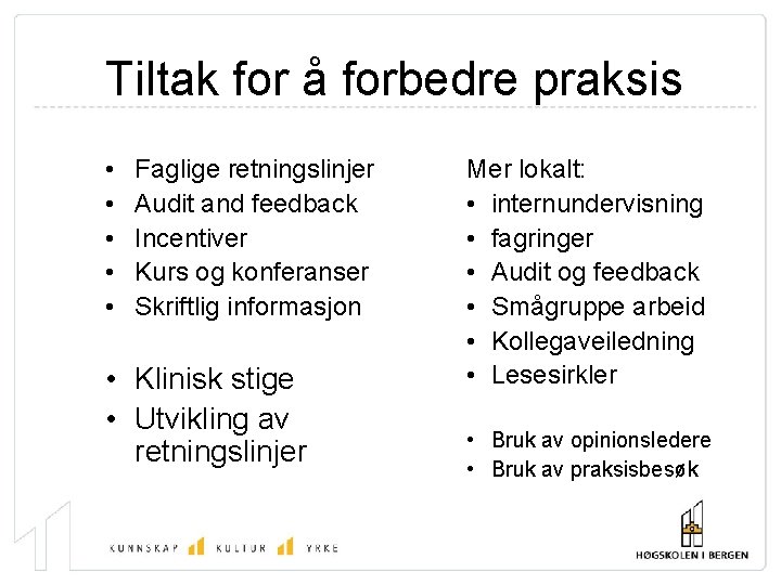 Tiltak for å forbedre praksis • • • Faglige retningslinjer Audit and feedback Incentiver