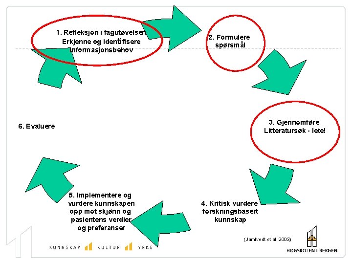 1. Refleksjon i fagutøvelsen Erkjenne og identifisere informasjonsbehov 2. Formulere spørsmål 3. Gjennomføre Litteratursøk
