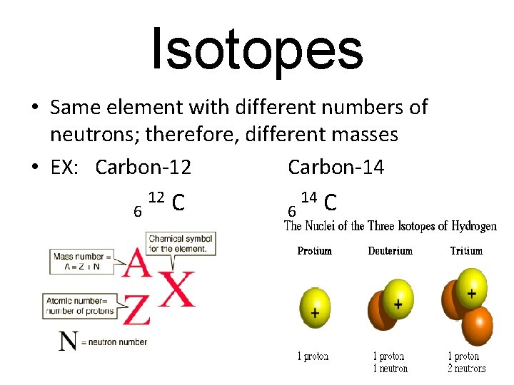 Isotopes • Same element with different numbers of neutrons; therefore, different masses • EX:
