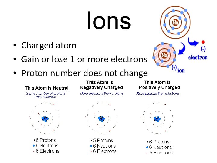 Ions • Charged atom • Gain or lose 1 or more electrons • Proton