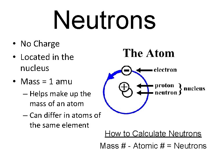 Neutrons • No Charge • Located in the nucleus • Mass = 1 amu