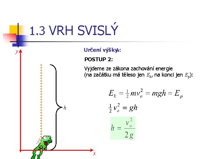 1. 3 VRH SVISLÝ Určení výškyh: y POSTUP 2: Vyjdeme ze zákona zachování energie