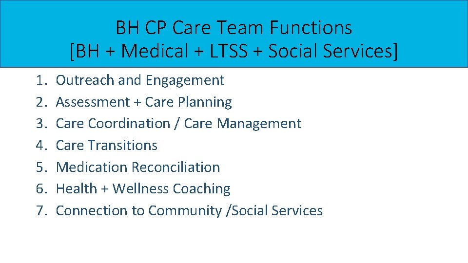 BH CP Care Team Functions [BH + Medical + LTSS + Social Services] 1.