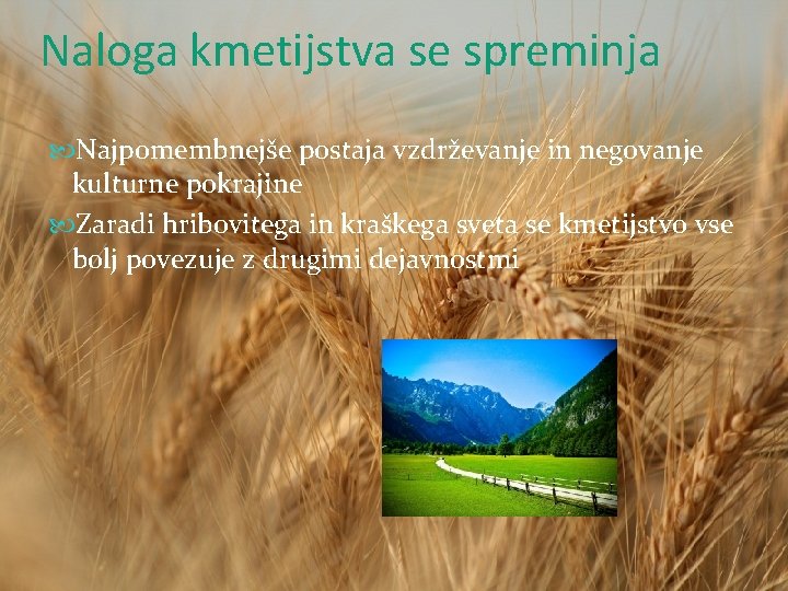 Naloga kmetijstva se spreminja Najpomembnejše postaja vzdrževanje in negovanje kulturne pokrajine Zaradi hribovitega in