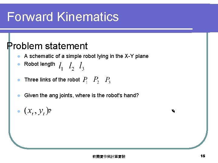 Forward Kinematics Problem statement l A schematic of a simple robot lying in the