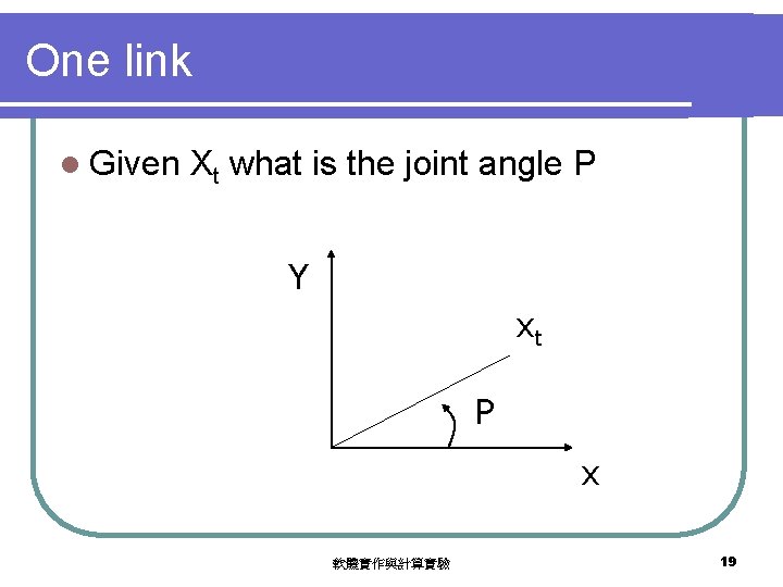 One link l Given Xt what is the joint angle P Y xt P