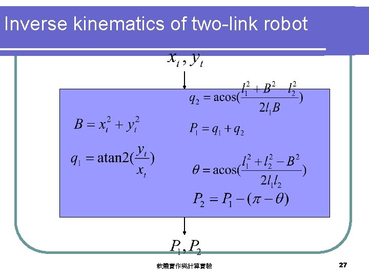 Inverse kinematics of two-link robot 軟體實作與計算實驗 27 