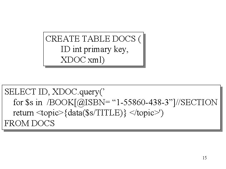 CREATE TABLE DOCS ( ID int primary key, XDOC xml) SELECT ID, XDOC. query(’