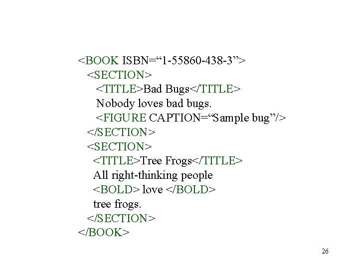 <BOOK ISBN=“ 1 -55860 -438 -3”> <SECTION> <TITLE>Bad Bugs</TITLE> Nobody loves bad bugs. <FIGURE