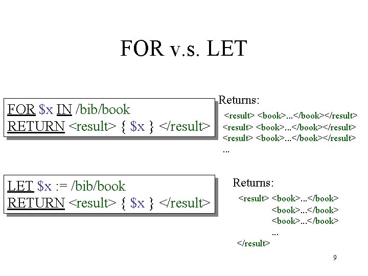 FOR v. s. LET FOR $x IN /bib/book RETURN <result> { $x } </result>