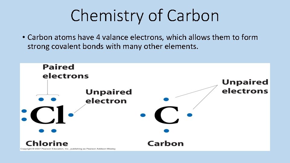 Chemistry of Carbon • Carbon atoms have 4 valance electrons, which allows them to