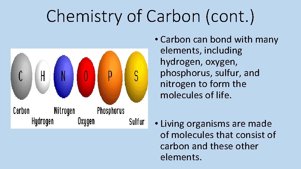 Chemistry of Carbon (cont. ) • Carbon can bond with many elements, including hydrogen,