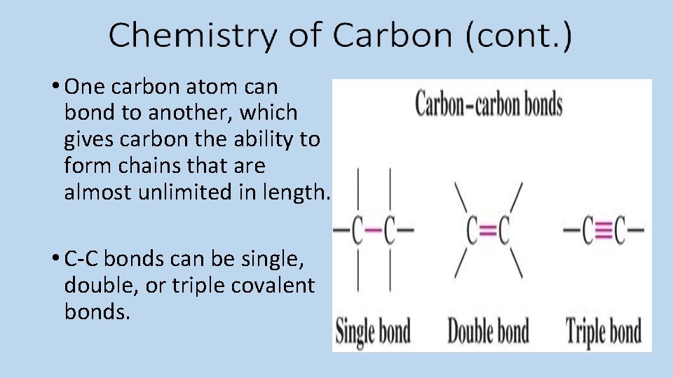  • One carbon atom can bond to another, which gives carbon the ability