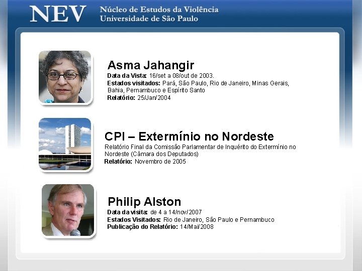 Asma Jahangir Data da Vista: 16/set a 08/out de 2003. Estados visitados: Pará, São