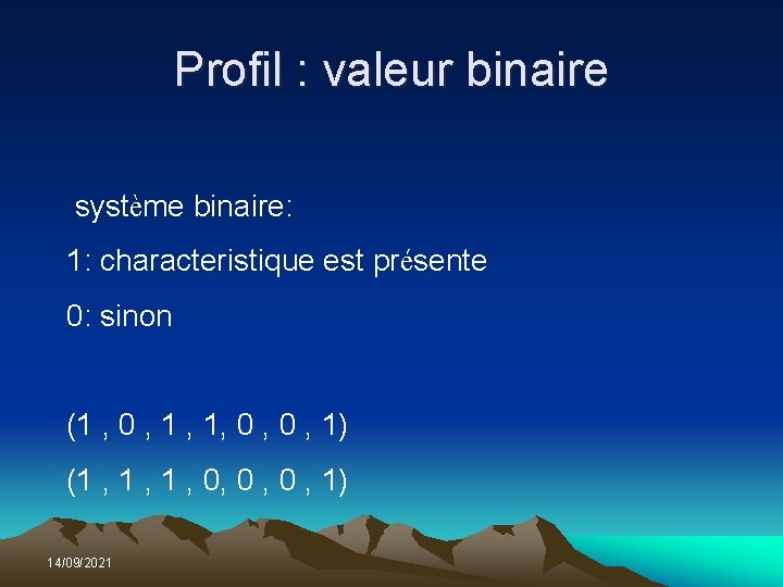 Profil : valeur binaire système binaire: 1: characteristique est présente 0: sinon (1 ,