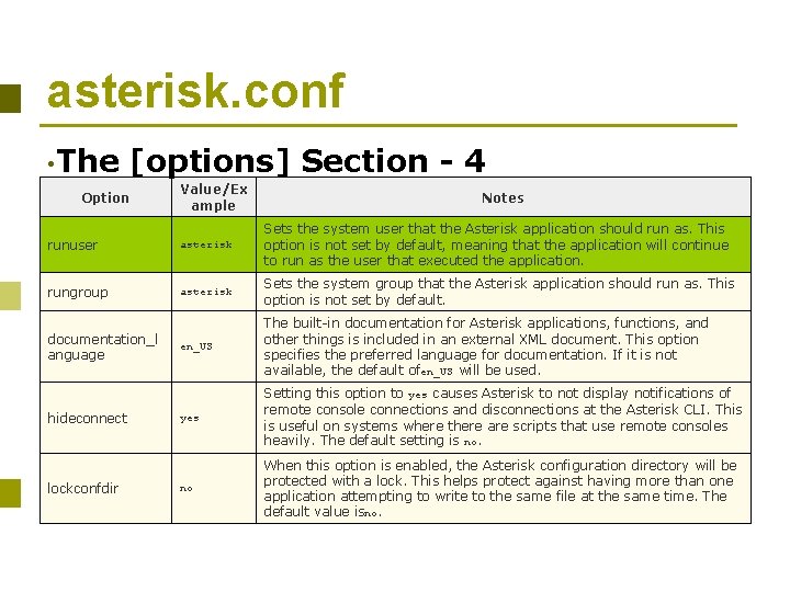 asterisk. conf • The [options] Section - 4 Option Value/Ex ample Notes runuser asterisk