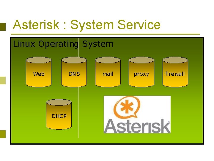 Asterisk : System Service Linux Operating System Web DNS DHCP mail proxy firewall 