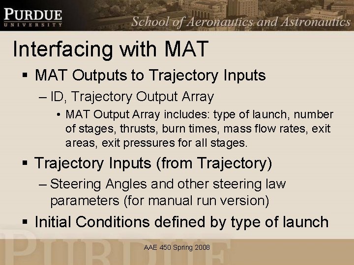 Interfacing with MAT § MAT Outputs to Trajectory Inputs – ID, Trajectory Output Array