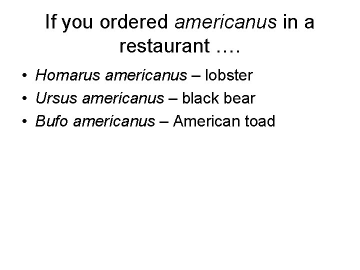 If you ordered americanus in a restaurant …. • Homarus americanus – lobster •