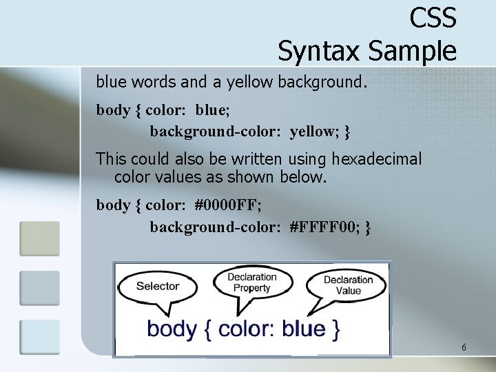 CSS Syntax Sample blue words and a yellow background. body { color: blue; background-color: CSS Syntax Sample blue words and a yellow background. body { color: blue; background-color: