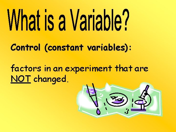 Control (constant variables): factors in an experiment that are NOT changed. 