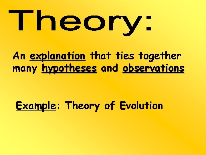 An explanation that ties together many hypotheses and observations Example: Theory of Evolution 