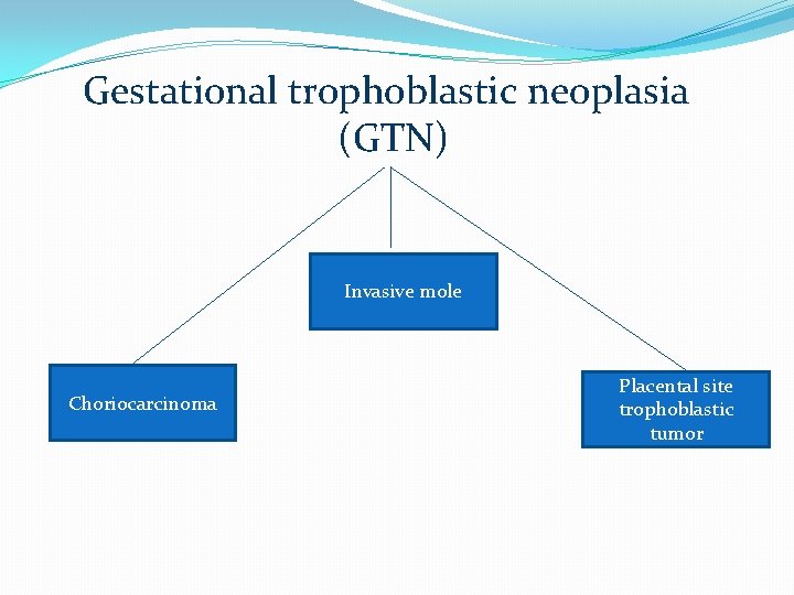 Gestational trophoblastic neoplasia (GTN) Invasive mole Choriocarcinoma Placental site trophoblastic tumor 