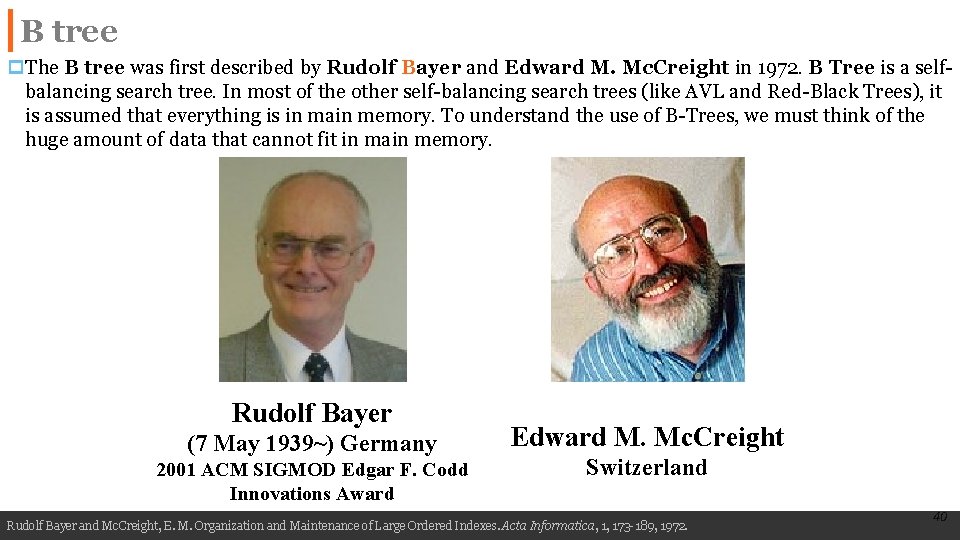 B tree p. The B tree was first described by Rudolf Bayer and Edward