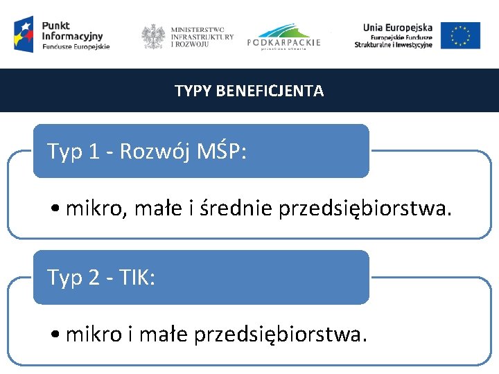 TYPY BENEFICJENTA Typ 1 - Rozwój MŚP: • mikro, małe i średnie przedsiębiorstwa. Typ