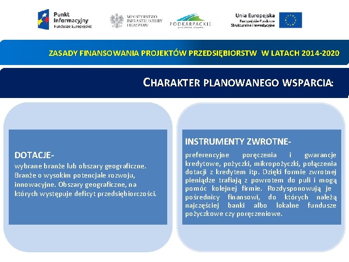 ZASADY FINANSOWANIA PROJEKTÓW PRZEDSIĘBIORSTW W LATACH 2014 -2020 CHARAKTER PLANOWANEGO WSPARCIA: INSTRUMENTY ZWROTNEDOTACJE- wybrane