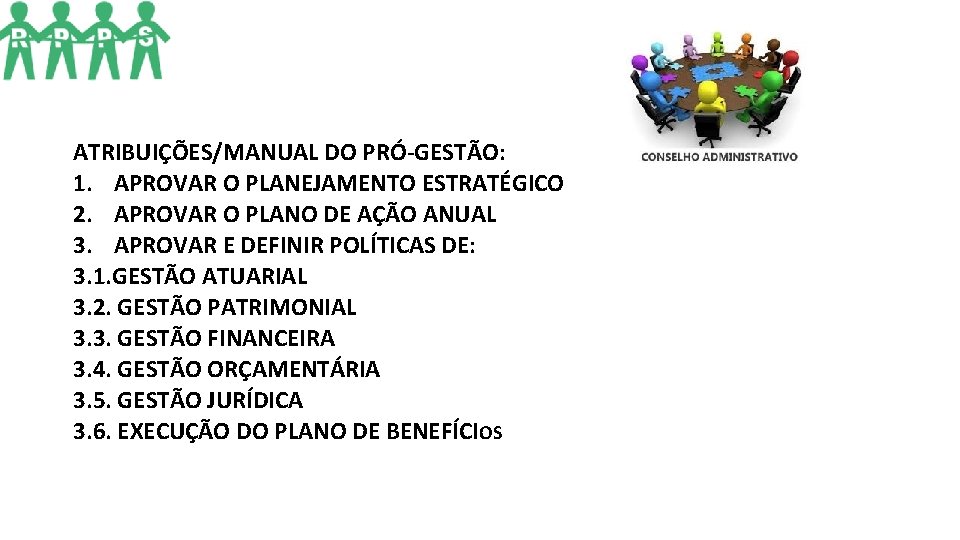 ATRIBUIÇÕES/MANUAL DO PRÓ-GESTÃO: 1. APROVAR O PLANEJAMENTO ESTRATÉGICO 2. APROVAR O PLANO DE AÇÃO ATRIBUIÇÕES/MANUAL DO PRÓ-GESTÃO: 1. APROVAR O PLANEJAMENTO ESTRATÉGICO 2. APROVAR O PLANO DE AÇÃO