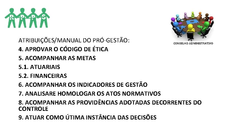 ATRIBUIÇÕES/MANUAL DO PRÓ-GESTÃO: 4. APROVAR O CÓDIGO DE ÉTICA 5. ACOMPANHAR AS METAS 5. ATRIBUIÇÕES/MANUAL DO PRÓ-GESTÃO: 4. APROVAR O CÓDIGO DE ÉTICA 5. ACOMPANHAR AS METAS 5.