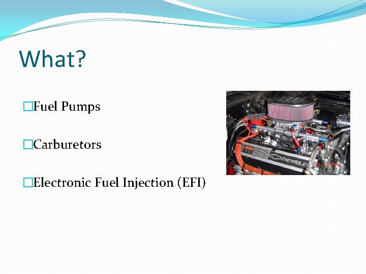 What? �Fuel Pumps �Carburetors �Electronic Fuel Injection (EFI) 