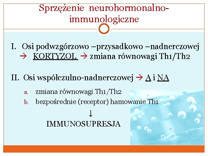 Sprzężenie neurohormonalnoimmunologiczne I. Osi podwzgórzowo –przysadkowo –nadnerczowej KORTYZOL zmiana równowagi Th 1/Th 2 II.