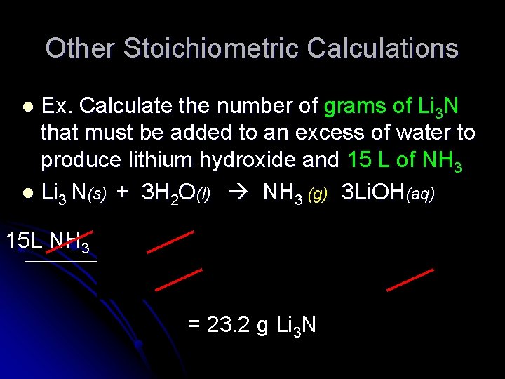 Other Stoichiometric Calculations Ex. Calculate the number of grams of Li 3 N that