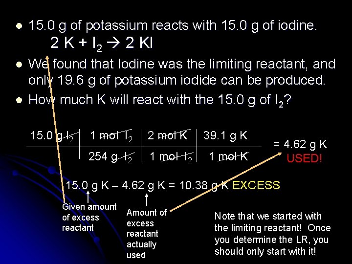 l 15. 0 g of potassium reacts with 15. 0 g of iodine. 2