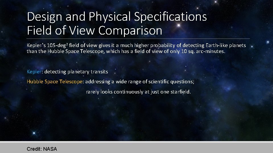 Design and Physical Specifications Field of View Comparison Kepler 's 105 -deg 2 field