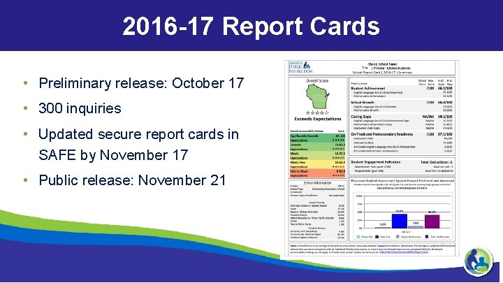 2016 -17 Report Cards • Preliminary release: October 17 • 300 inquiries • Updated