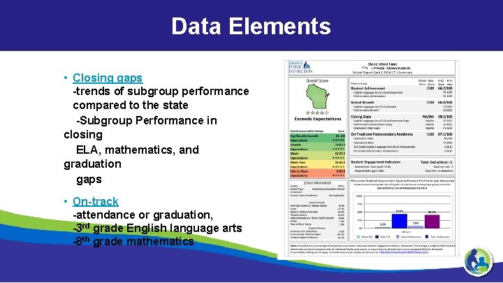 Data Elements • Closing gaps -trends of subgroup performance compared to the state -Subgroup