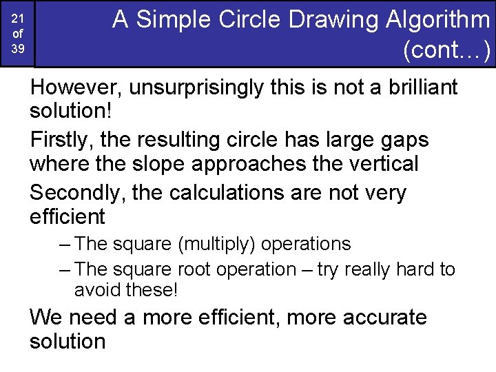 21 of 39 A Simple Circle Drawing Algorithm (cont…) However, unsurprisingly this is not