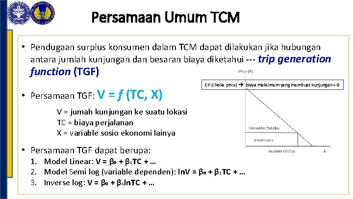 Persamaan Umum TCM • Pendugaan surplus konsumen dalam TCM dapat dilakukan jika hubungan antara