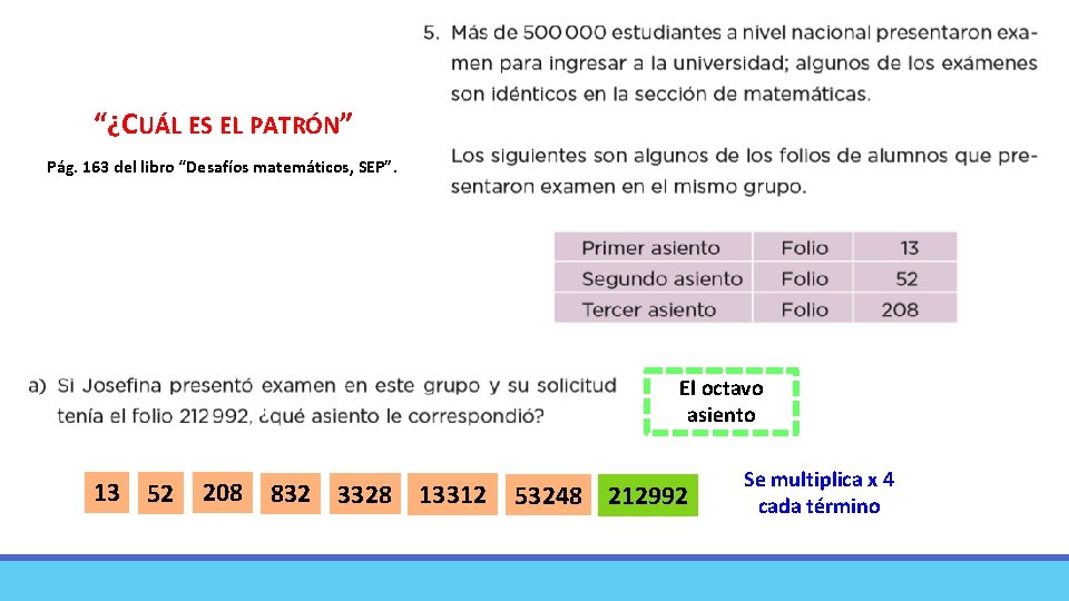 “¿CUÁL ES EL PATRÓN” Pág. 163 del libro “Desafíos matemáticos, SEP”. El octavo asiento