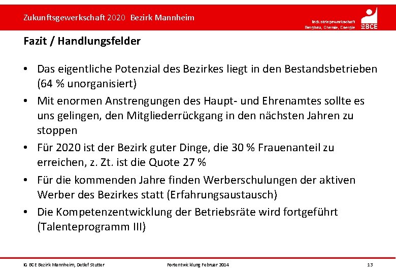 Zukunftsgewerkschaft 2020 Bezirk Mannheim Fazit / Handlungsfelder • Das eigentliche Potenzial des Bezirkes liegt