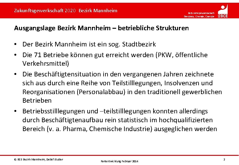 Zukunftsgewerkschaft 2020 Bezirk Mannheim Ausgangslage Bezirk Mannheim – betriebliche Strukturen • Der Bezirk Mannheim